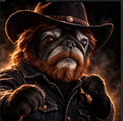 Soad Norris, a serious black pug in a cowboy hat and denim vest
